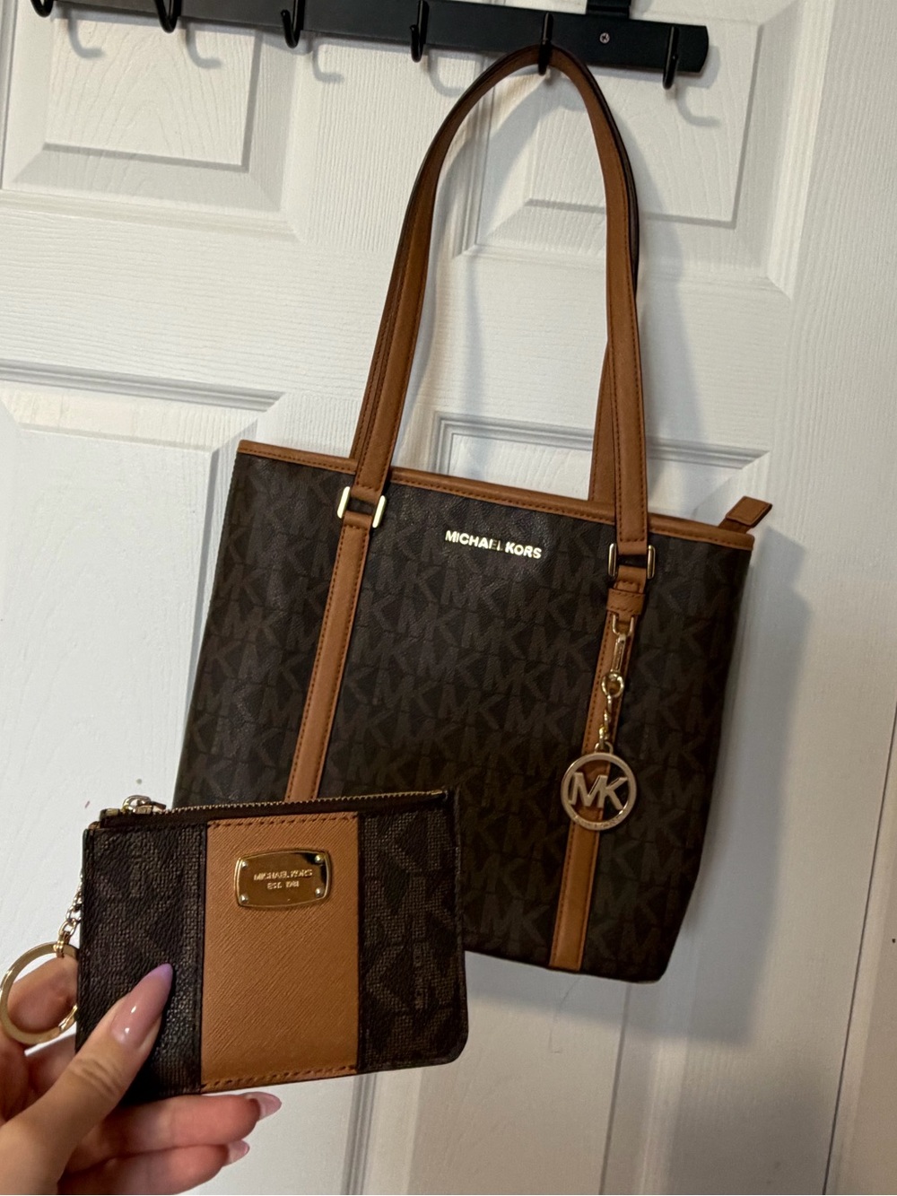 Michael Kors Brown and Tan Signature MK Tote with Matching Wristlet